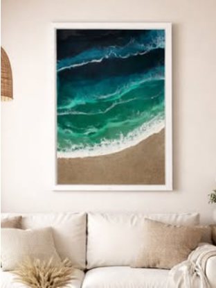 Deep green and teal resin ocean original in a sitting room.